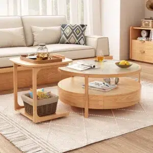 Sophie Coffee Table, Natural Wood, Glass Top, Storage Shelf, Drawer