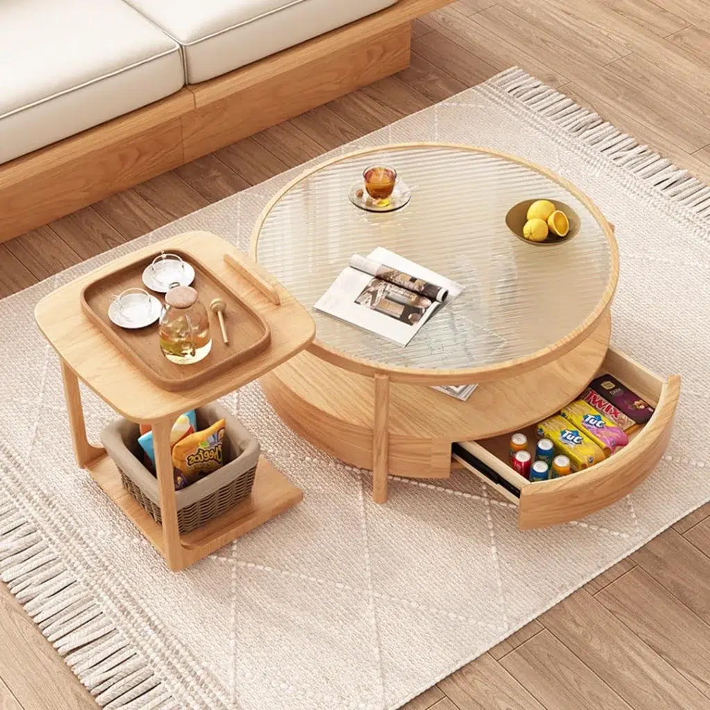 Sophie Coffee Table, Natural Wood, Tempered Glass Top, Minimalist Design