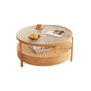 Sophie Coffee Table NAT wood finish, glass top, storage shelf, drawer, 77x78x33cm