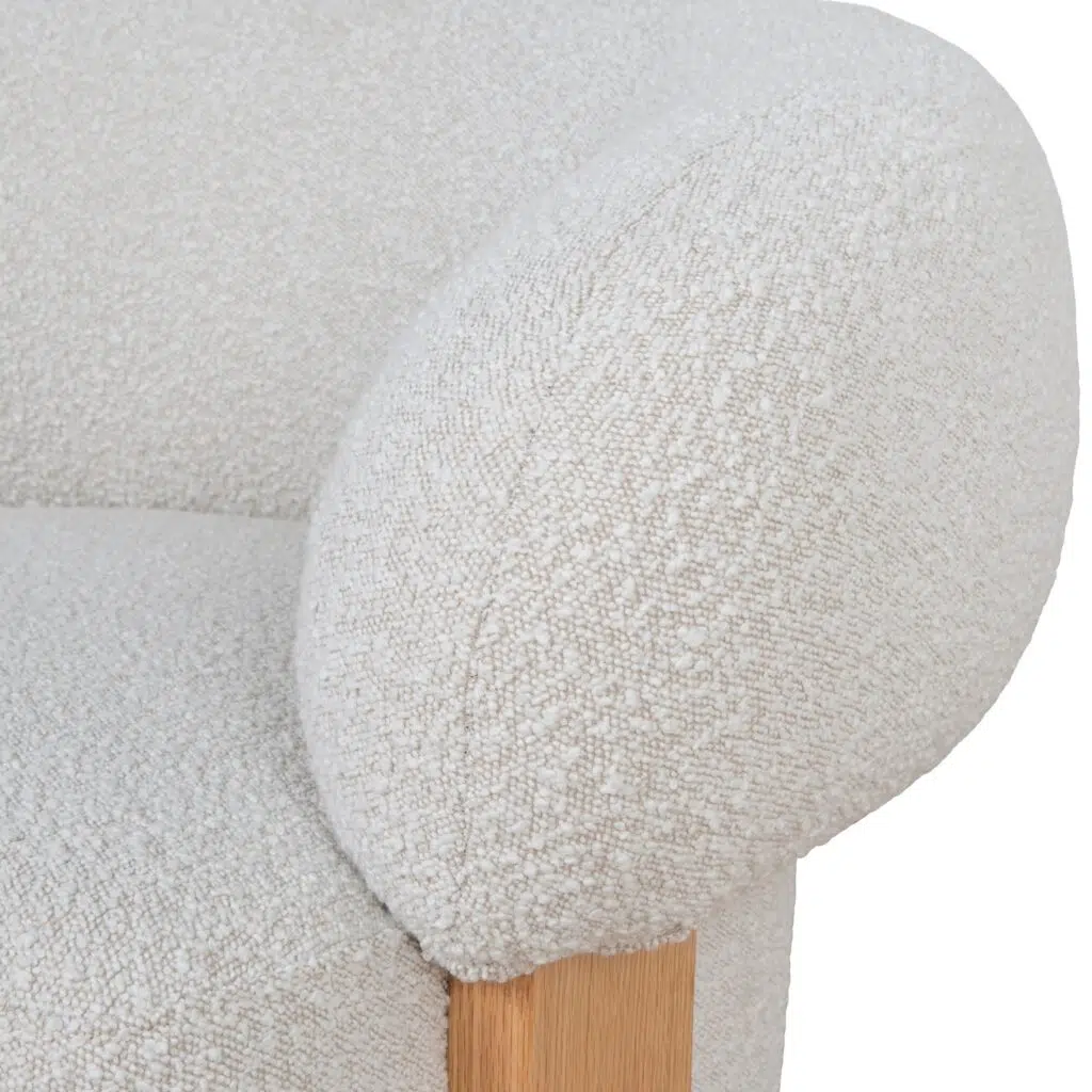 Off White Boucle Armchair, Timeless Design, Plush Seat, Oak Frame