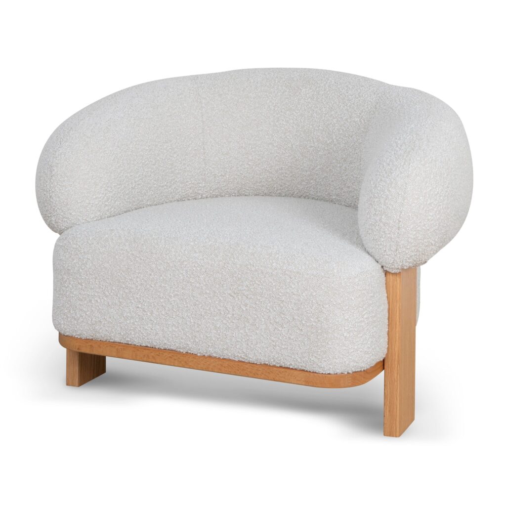 Off White Boucle Armchair, Timeless Design, Oak Frame, Plush Seat, Modern Interior