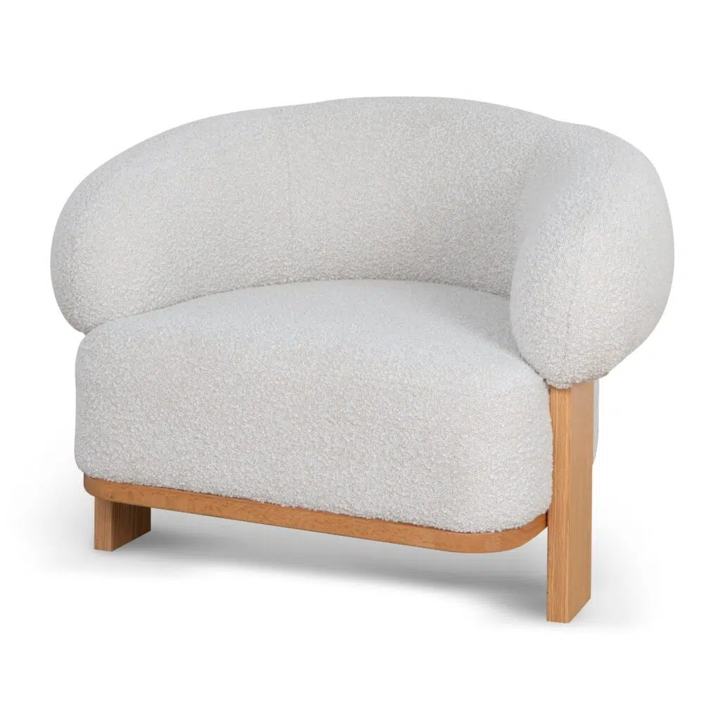 Off White Boucle Armchair, Timeless Design, Oak Frame, Plush Seat, Modern Interior