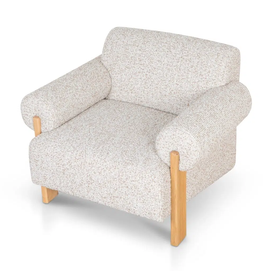 Bryn Sand Beige Armchair with Oak Frame and Curved Arms