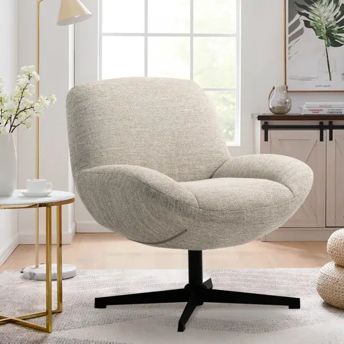 Taupe swivel chair, sleek silhouette, grey fabric, black legs, modern elegance