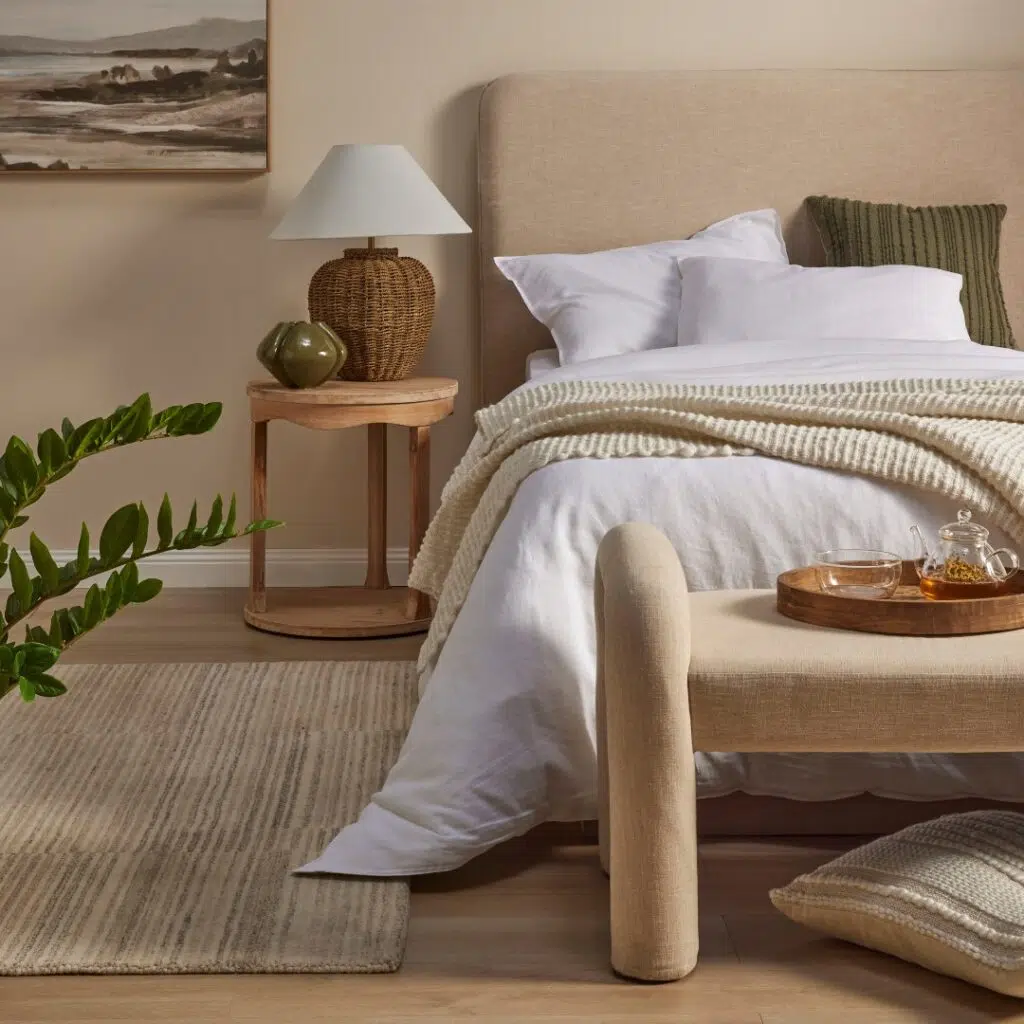 Mia Bench off white, stylish and comfy, pine wood base, versatile for any room.