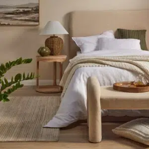 Mia Bench off white, stylish and comfy, pine wood base, versatile for any room.