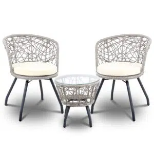 Nathan Bistro Set Grey Outdoor Indoor 3-Piece Rattan Steel Frame Cushioned