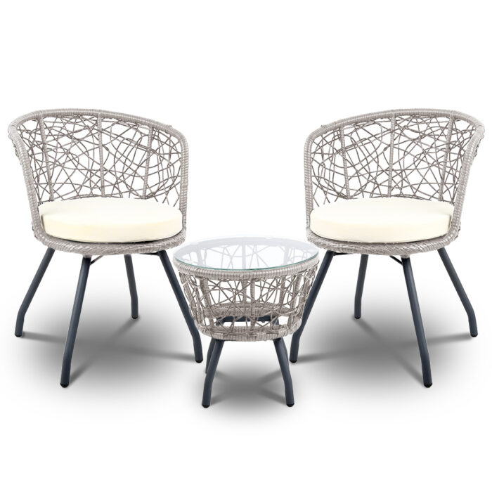 Nathan Bistro Set Grey Outdoor Indoor 3-Piece Rattan Steel Frame Cushioned