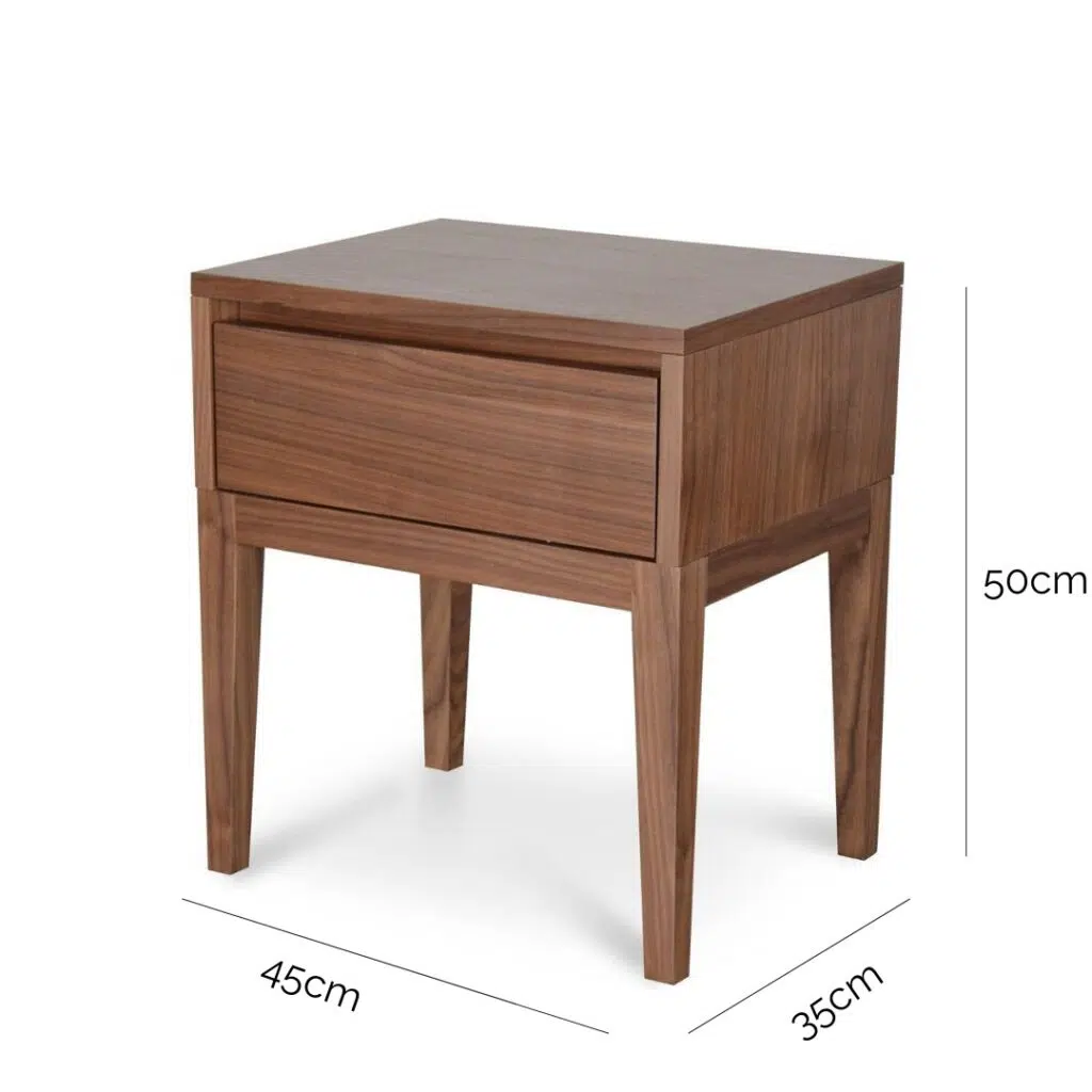 Leif Walnut Bedside Table, Retro Modern Design, Compact Size, Smooth Drawer, Elegant Wood Finish