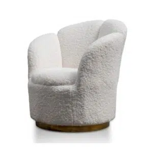Elegant white lounge chair with brass base, modern design, plush upholstery, perfect for living spaces.