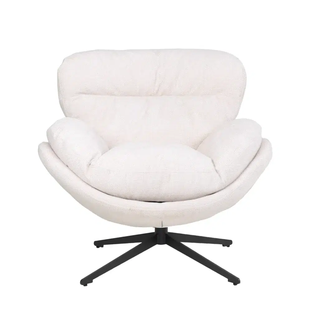 Beige swivel accent chair with soft cushion and sleek steel base.