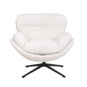 Beige swivel accent chair with soft cushion and sleek steel base.