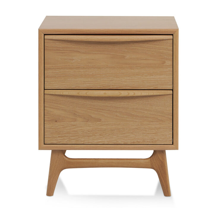 Natural Oak 2-Drawer Bedside Table, Mid-Century Style, Durable White Oak, Smooth Drawers, Bedroom Nightstand