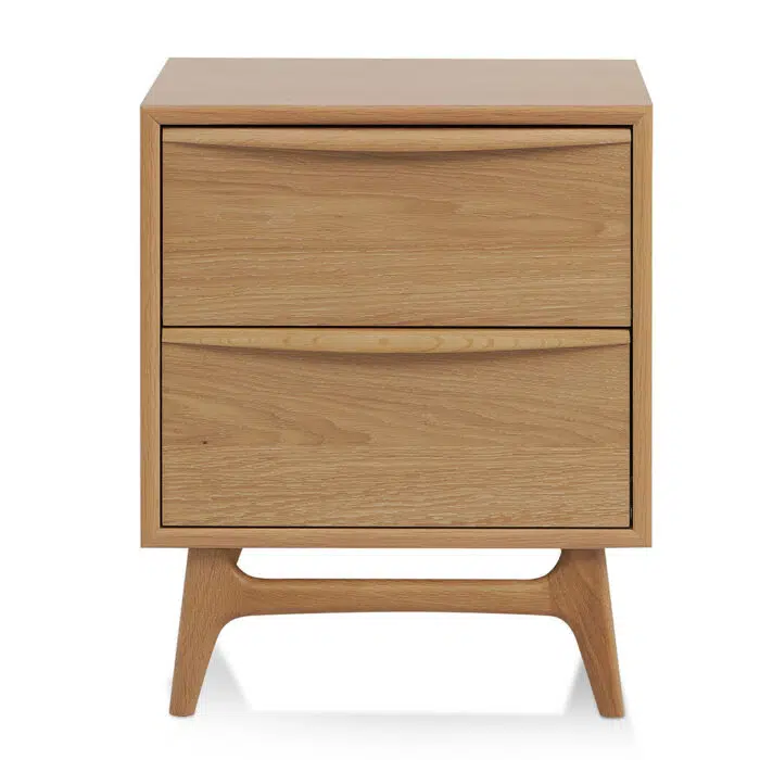 Natural Oak 2-Drawer Bedside Table, Mid-Century Style, Durable White Oak, Smooth Drawers, Bedroom Nightstand