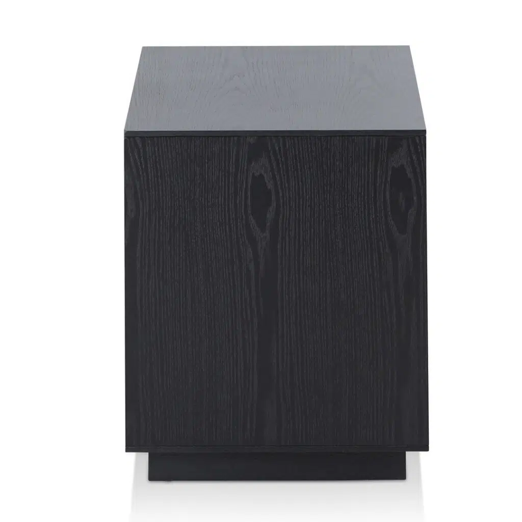 Nova Bedside Table - Full Black, sleek minimalist design with ash veneer and two drawers.