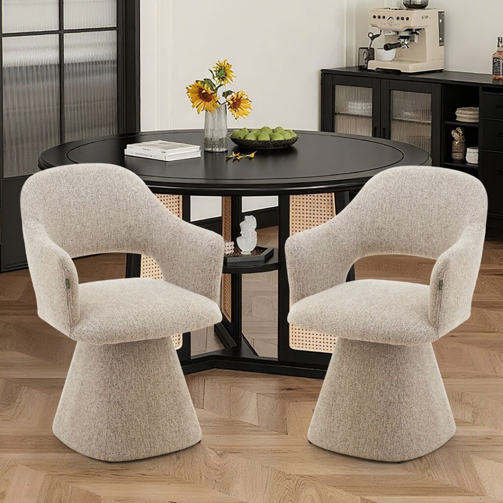 Elegant Desert Taupe Swivel Dining Chair, minimalist design, padded cushions, durable steel frame, versatile for any space.