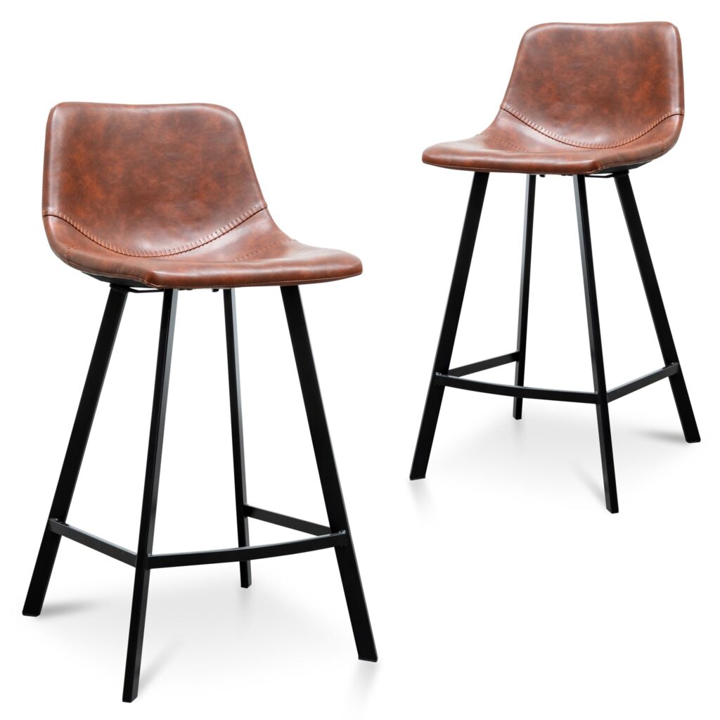 Maia Bar Stool Set Cinnamon Brown Leather 65cm Ergonomic Modern Design