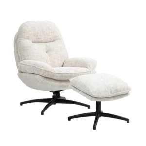 Elegant Accent Chair with Footstool, Swivel and Tilt, Beige Polyester Fabric, Modern Design