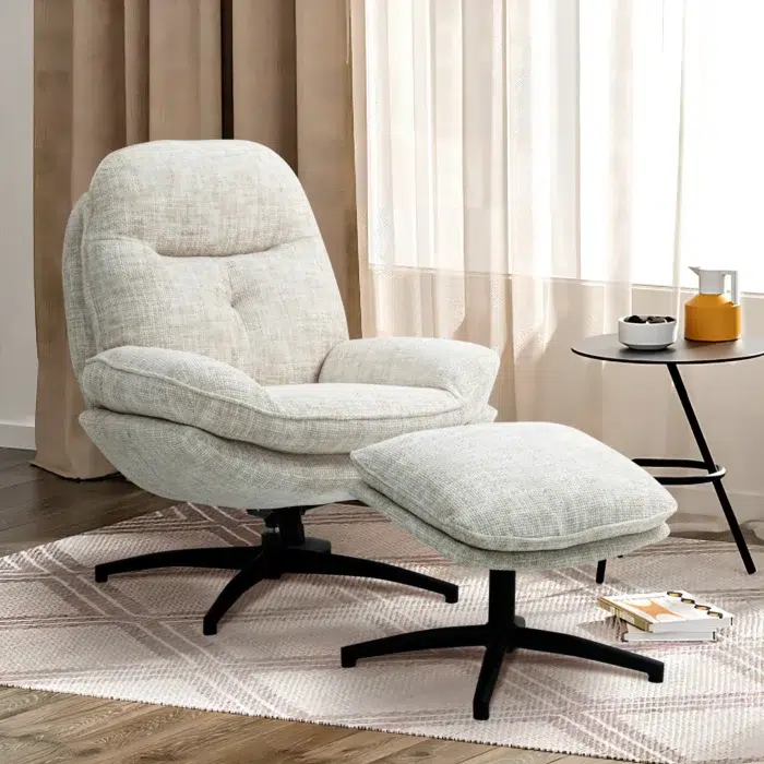 Elegant Accent Chair with Footstool, Swivel and Tilt, Beige Polyester, Compact Size