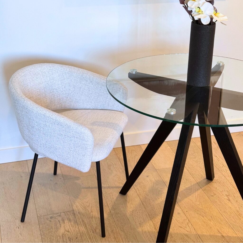 Sora dining chair in cream fabric with metal frame for modern elegance and comfort
