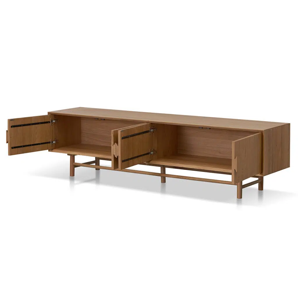 Sleek 2.1m TV unit, natural oak, spacious storage, durable construction, mid-century design.