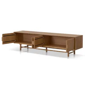 Sleek 2.1m TV unit, natural oak, spacious storage, durable construction, mid-century design.