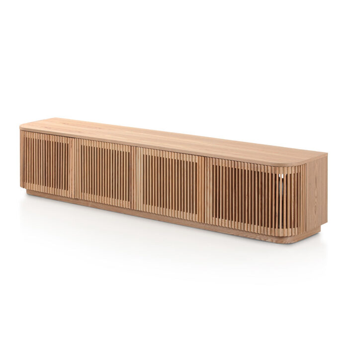 Nova 2m TV unit, natural wood, minimalist design, spacious storage, slatted doors, fully assembled