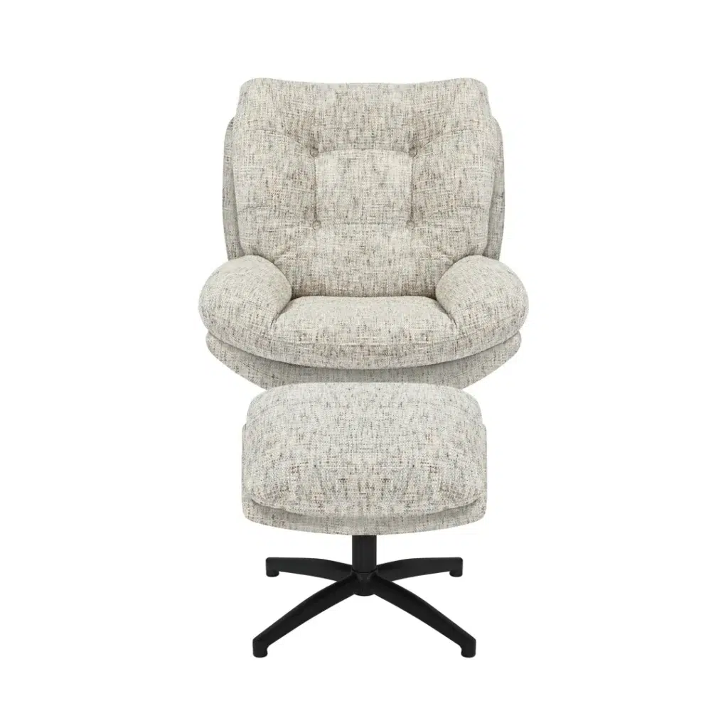 Accent chair with footstool, modern design, swivel, tilt, polyester fabric, sand color, high-density foam, easy assembly.
