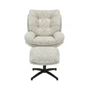 Accent chair with footstool, modern design, swivel, tilt, polyester fabric, sand color, high-density foam, easy assembly.