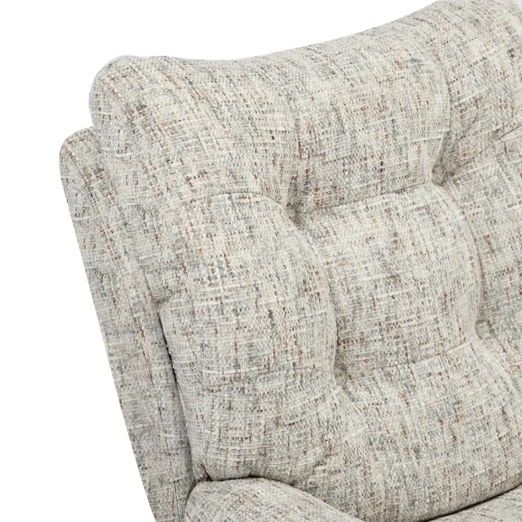 Accent chair with footstool, modern design, swivel, tilt, polyester fabric, sand color, high-density foam, easy assembly.