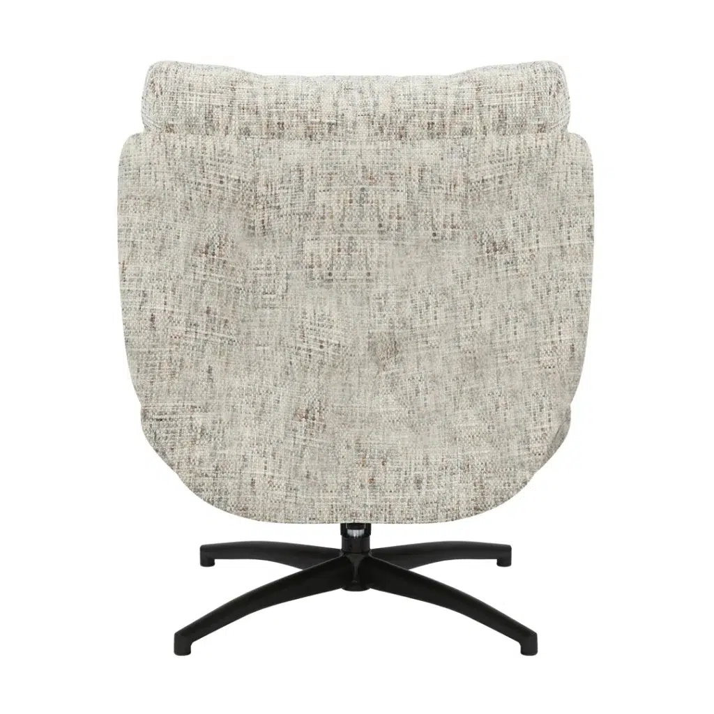 Modern accent chair with footstool, swivel, tilt, sand color, polyester fabric, high-density foam, easy assembly.