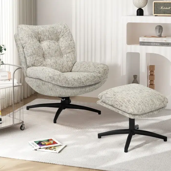 Teo Accent Chair Sand Color with Footstool, Modern Swivel Design, Comfortable Seat, Easy Assembly
