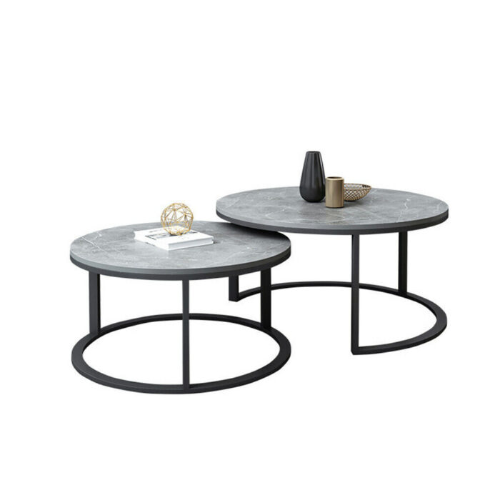 Grey marble nesting coffee tables, sintered stone, durable, heat-resistant, modern design.