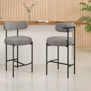 Elegant grey boucle bar stool with minimalist design, perfect for kitchens and dining areas.