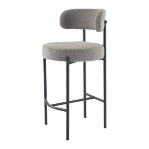Elegant Grey Boucle Bar Stool, minimalist design, plush seat, sturdy metal frame, perfect for kitchens and cafes.
