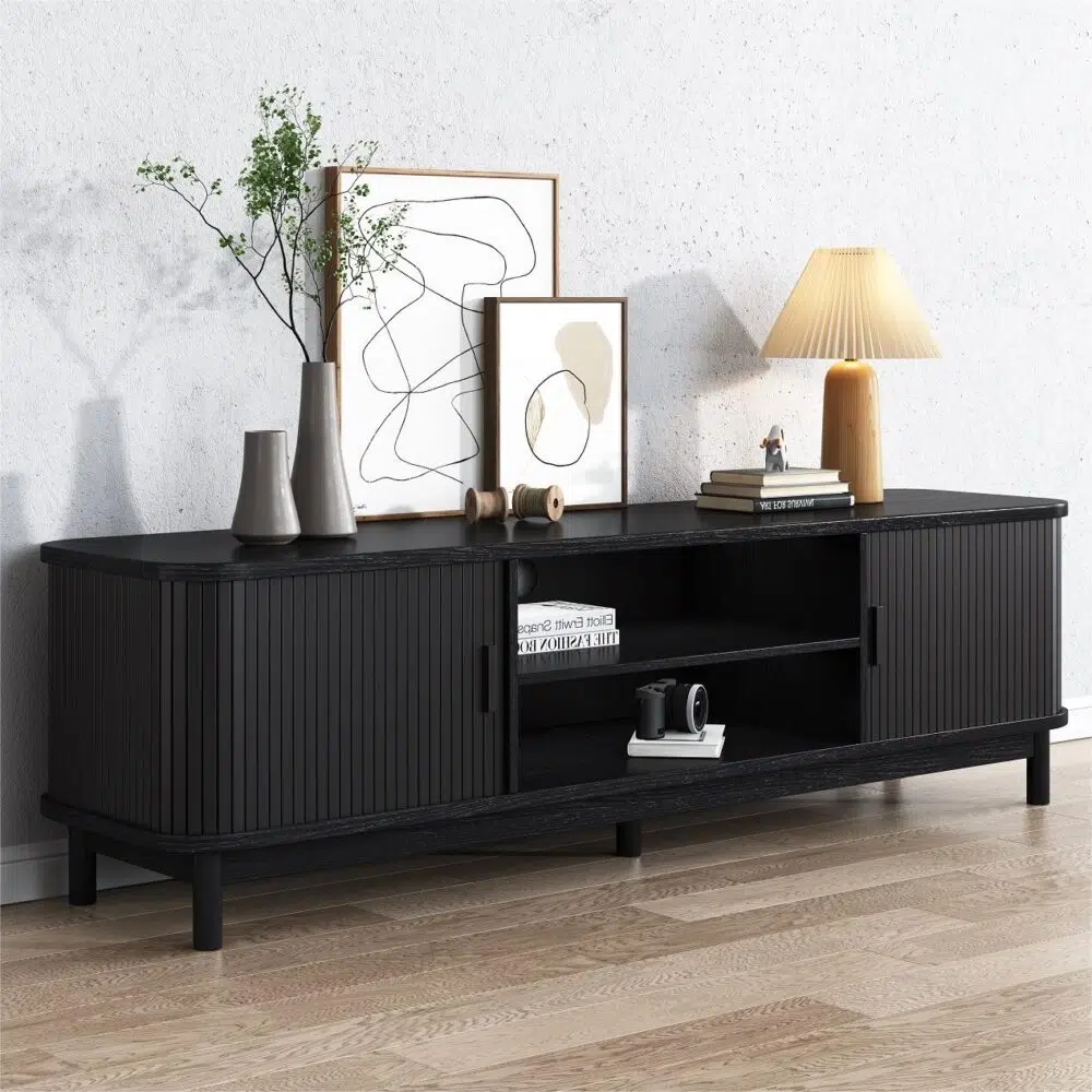 Elegant 160cm Black Ribbed TV Unit with Storage