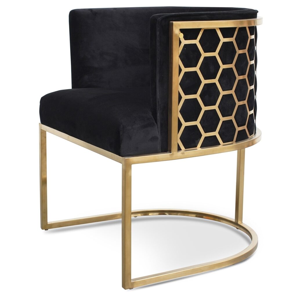 Auden Lounge Chair, black velvet, gold frame, honeycomb back, modern design, 360 swivel