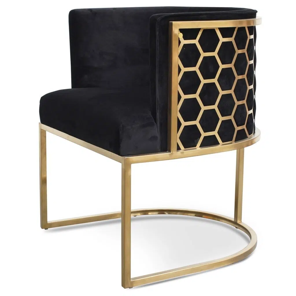 Auden Lounge Chair, black velvet, gold frame, honeycomb back, modern design, 360 swivel