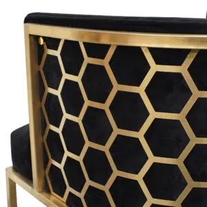 Auden Lounge Chair, black velvet, gold frame, honeycomb back, 360 swivel, modern luxury