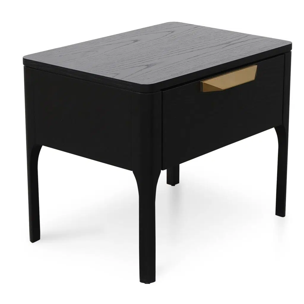 Modern black veneer bedside table with brass handle