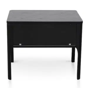 Modern black veneer bedside table with brass handle, ideal for minimalist bedrooms.