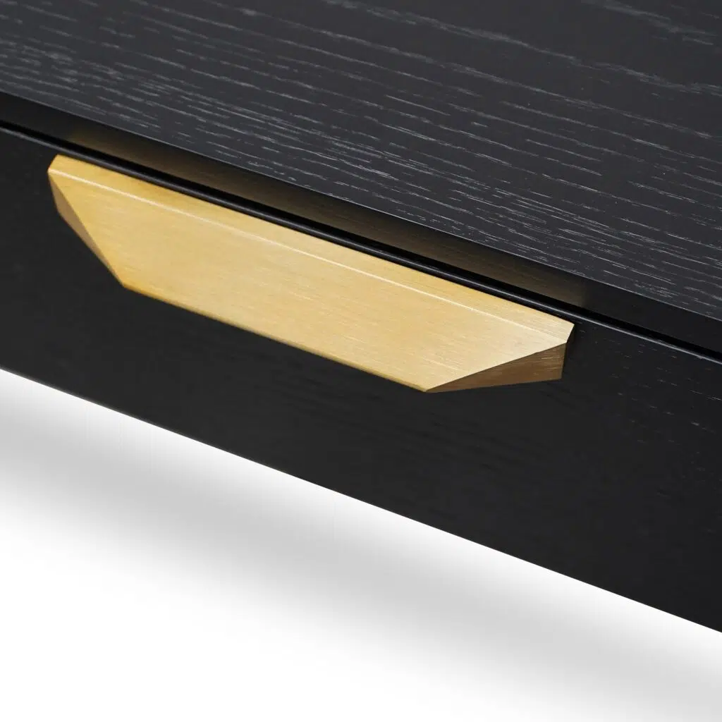 Modern black veneer bedside table with brass handle, 55x39.5x45.4cm, minimalist design, storage drawer.