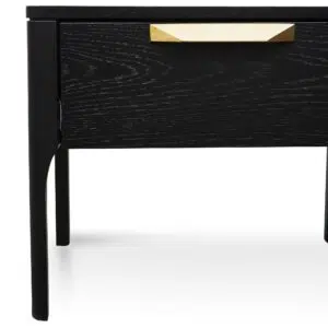 Modern black veneer bedside table with brass handle, 55x39.5x45.4cm, minimalist design, storage drawer.