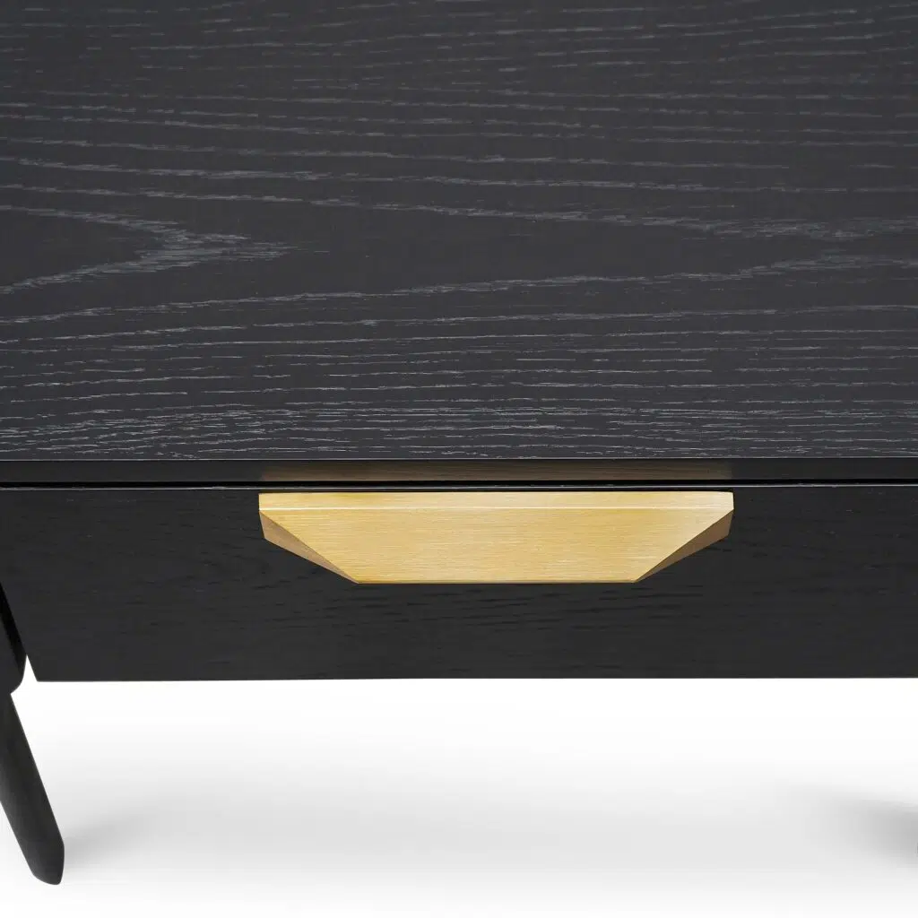 Modern black veneer bedside table with brass handle, 55x39.5x45.4cm, minimalist design, storage drawer.