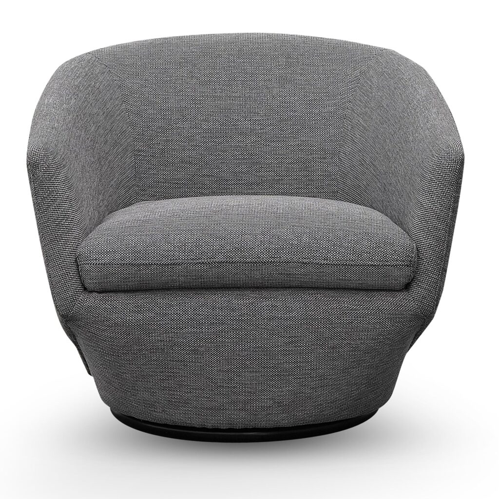 Graphite grey swivel lounge chair, modern design, polyester-acrylic upholstery, compact, 360-degree turn, ergonomic.
