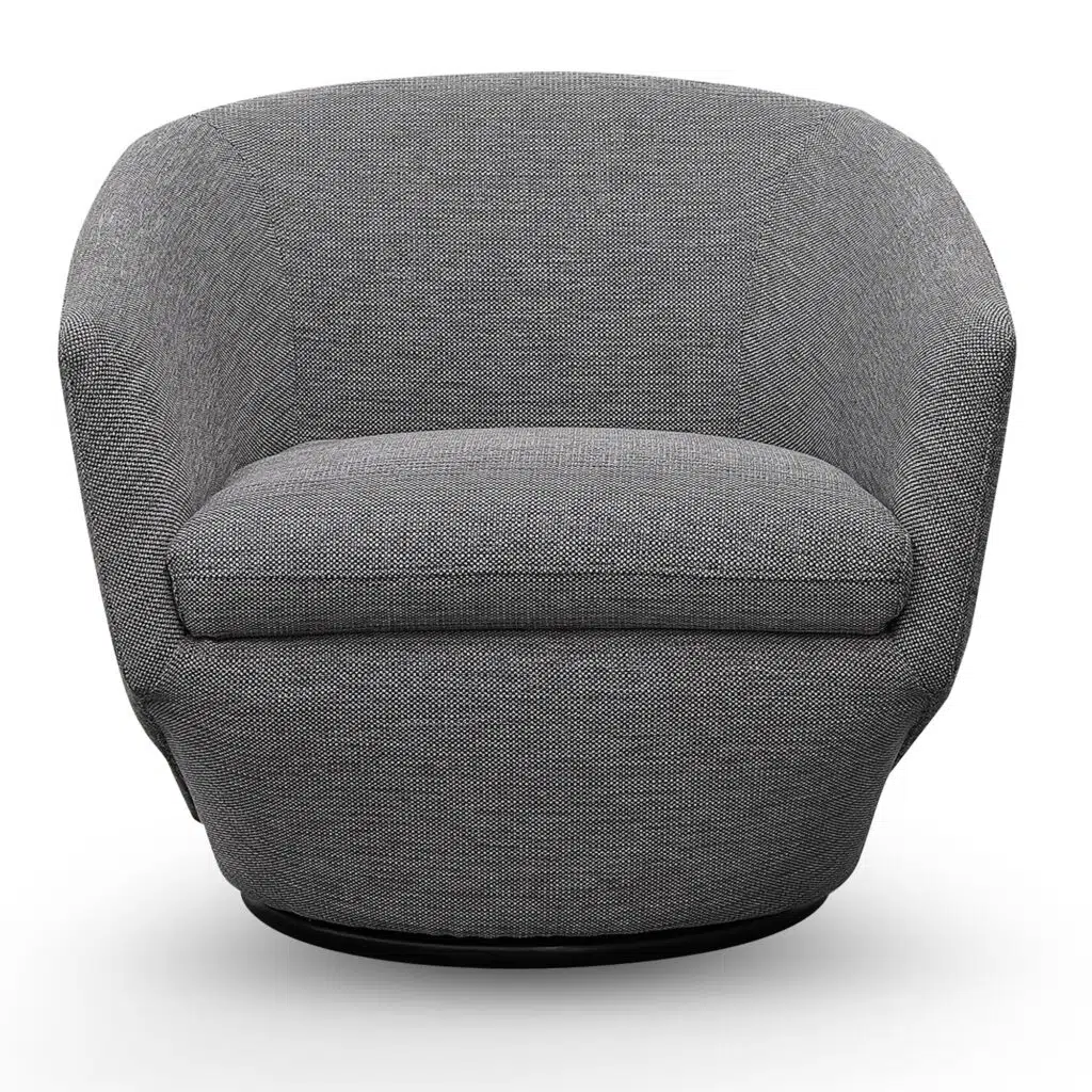 Graphite grey swivel lounge chair, modern design, polyester-acrylic upholstery, compact, 360-degree turn, ergonomic.