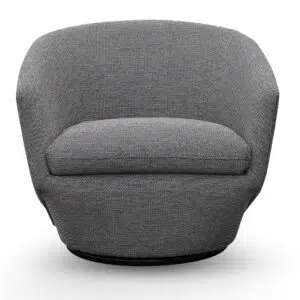 Graphite grey swivel lounge chair, modern design, polyester-acrylic upholstery, compact, 360-degree turn, ergonomic.