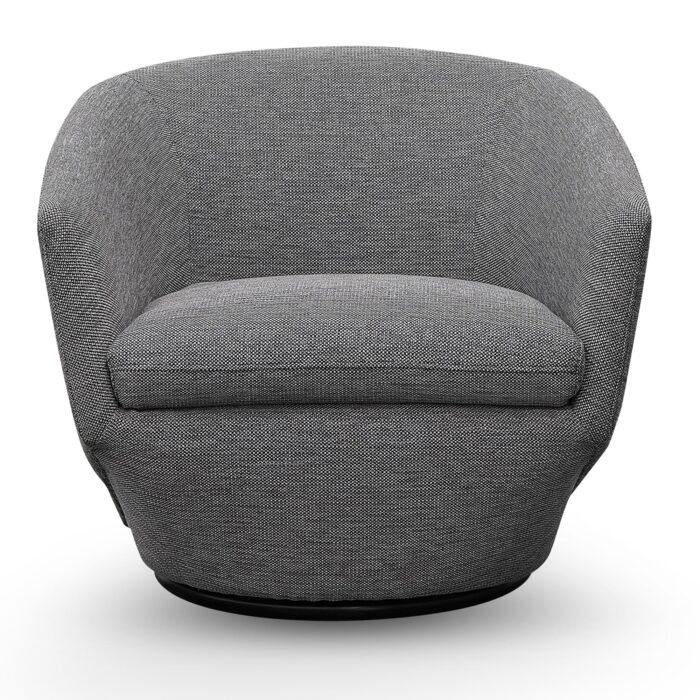 Graphite grey swivel lounge chair, modern design, polyester-acrylic upholstery, compact, 360-degree turn, ergonomic.
