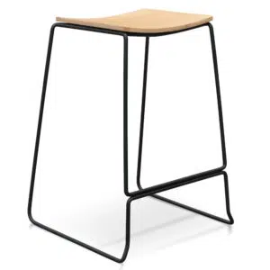 Sleek minimalist bar stool with natural timber seat and black frame