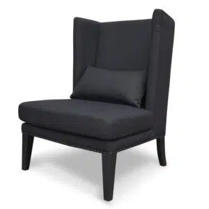 Nova Lounge Chair in Black, sleek design, cozy and stylish seating with winged back and black wood legs.